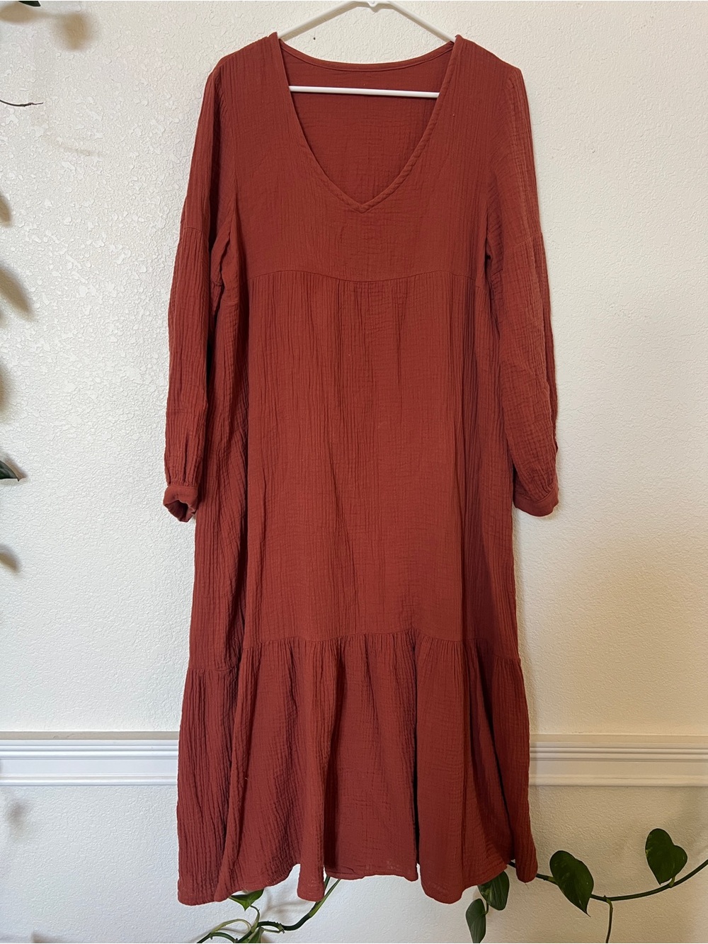Terracotta 100% Cotton Long Sleeve V-Neck Tiered Maxi Dress